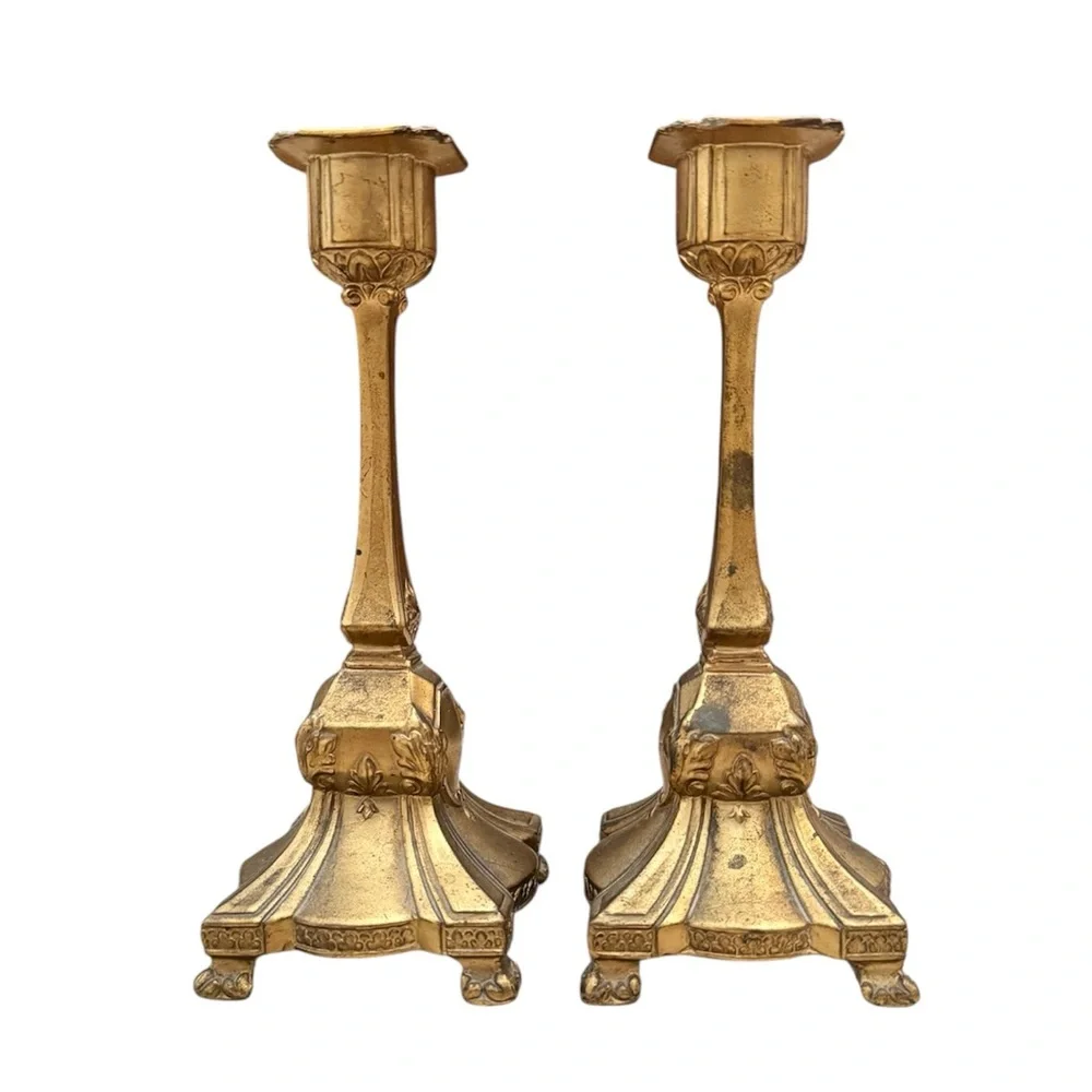 Pair Vintage Candlesticks Art Nouveau Victorian Gold Brass Candle Holders